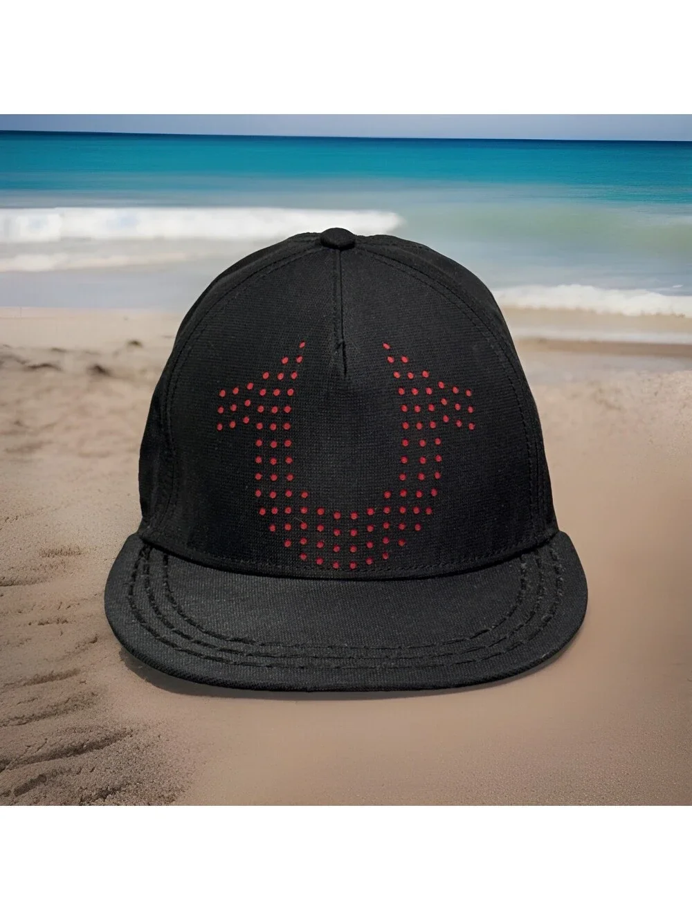 True Religion Black Vented Leather Strapback Baseball Cap